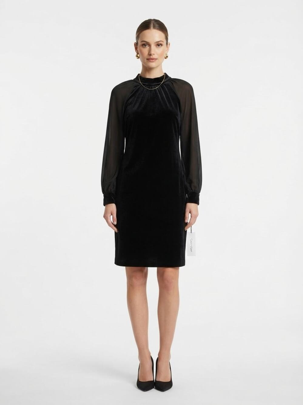 Calvin Klein Black Velvet Sheer Sleeve Mock Neck Shift Dress Women Size 8 NWT